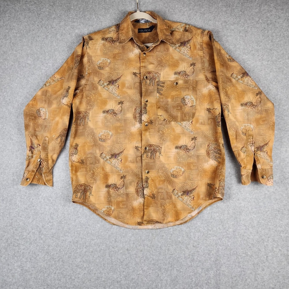 Nautica Shirt‎ Mens M Brown Elephant Pineapple Temple Tribal Print Vintage 90s